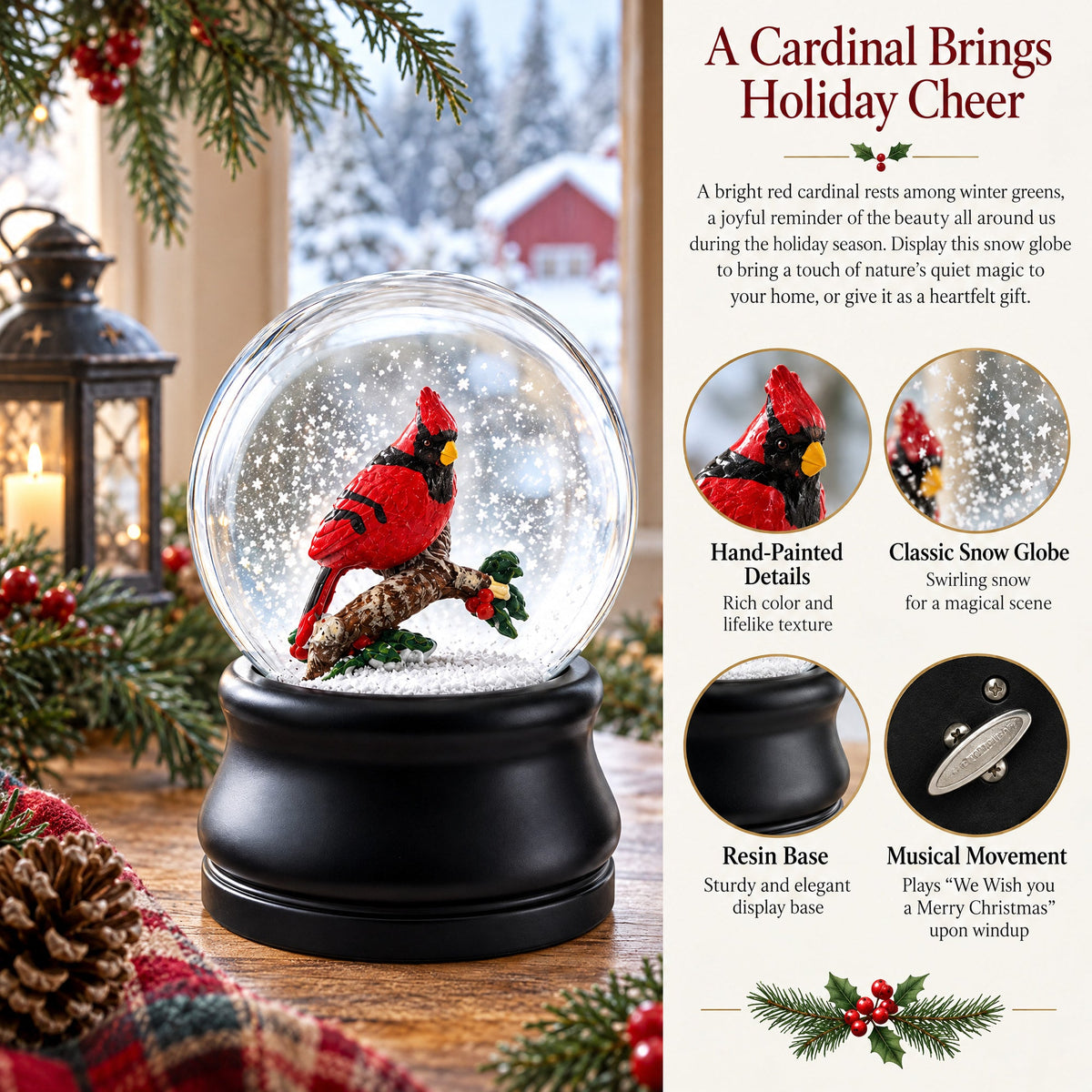 Red Cardinal on a Branch Musical Water Snow Globe