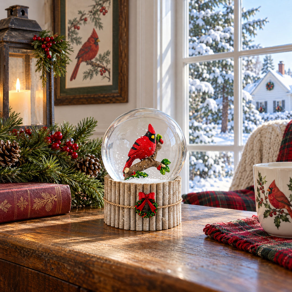 Red Cardinal on Birch Tree and Wreath Musical Water Globe