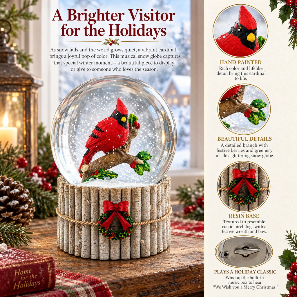 Red Cardinal on Birch Tree and Wreath Musical Water Globe