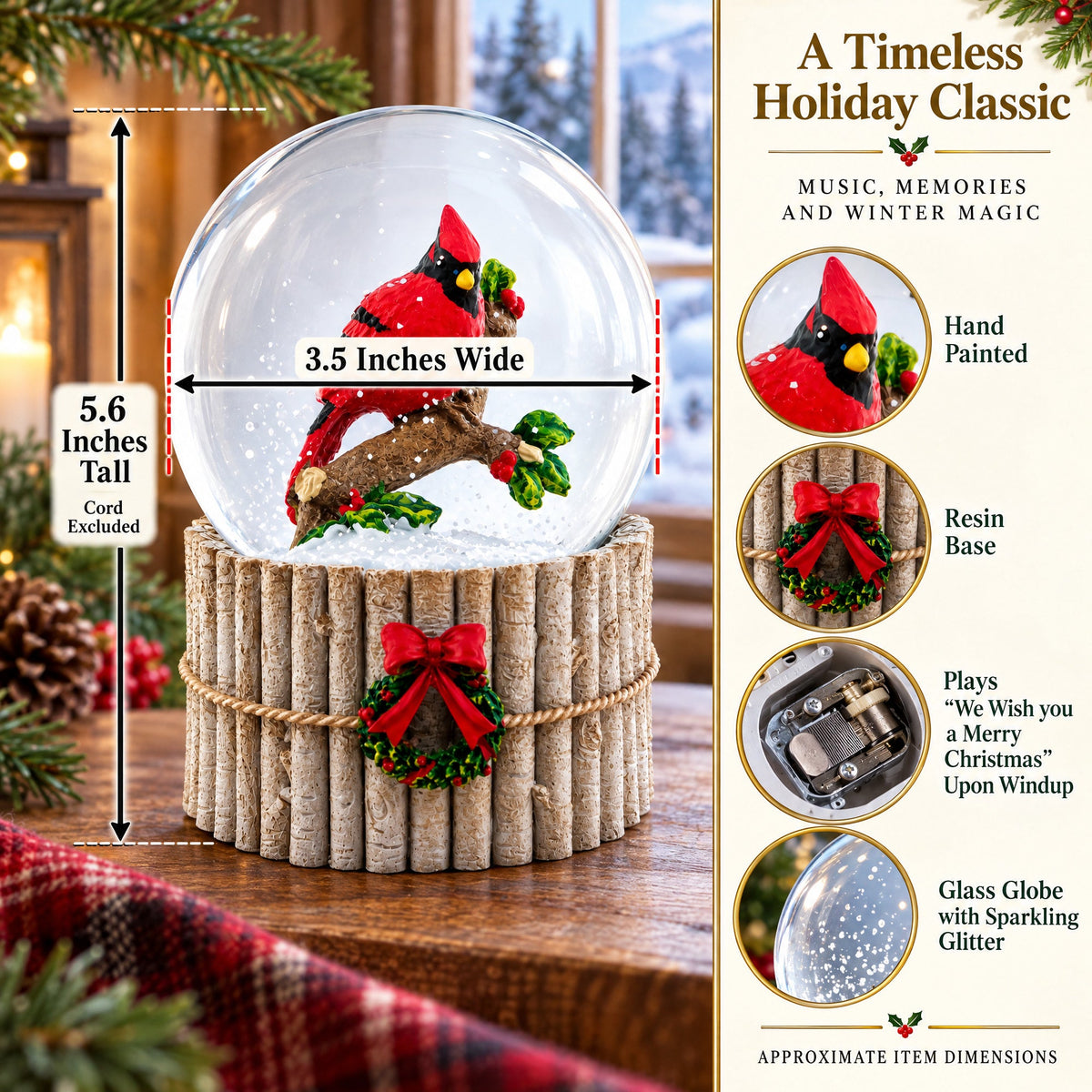 Red Cardinal on Birch Tree and Wreath Musical Water Globe