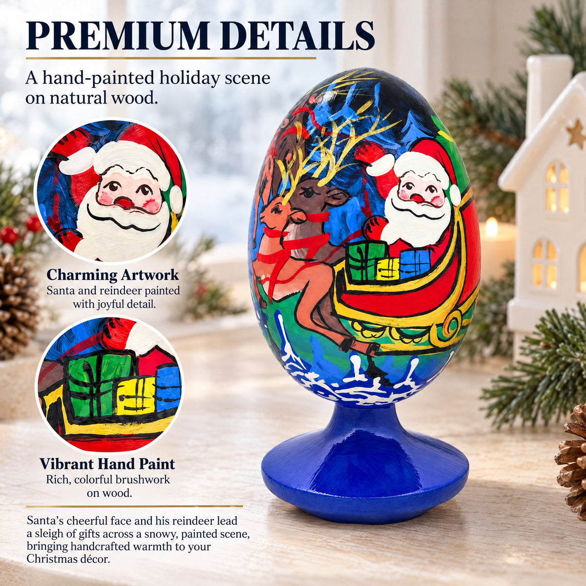Santa, Reindeer in Winter Village Wooden Figurine 4.75 Inches