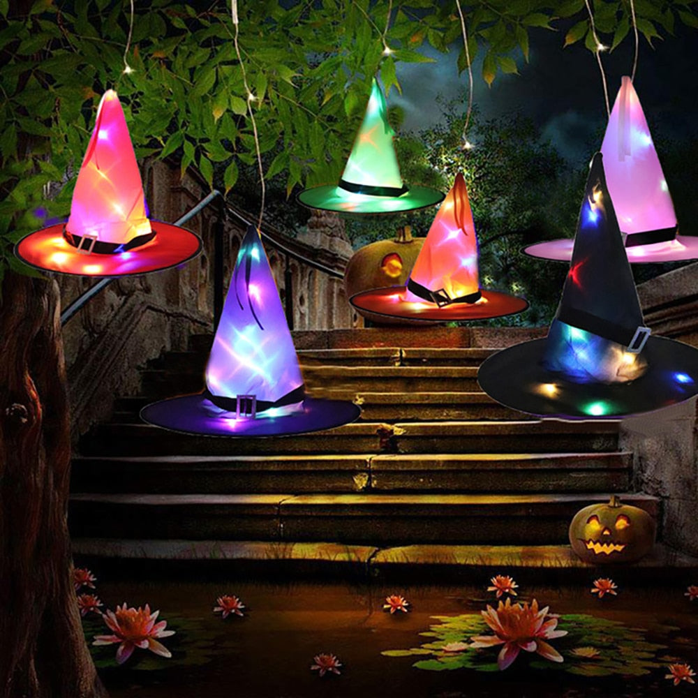 Halloween Decoration Witch Hat LED Lights Halloween Elf Ears Kids Home Party Decor Supplies Outdoor Tree Hanging Ornament Diy