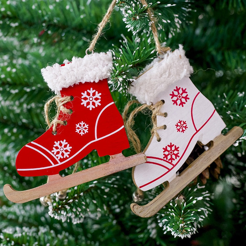 Wooden Ice Skate Christmas Ornament with Bell