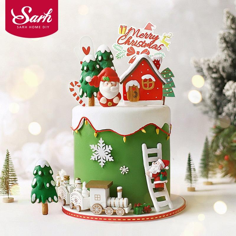 Santa Claus Elk Train Tree Christmas Cake Toppers