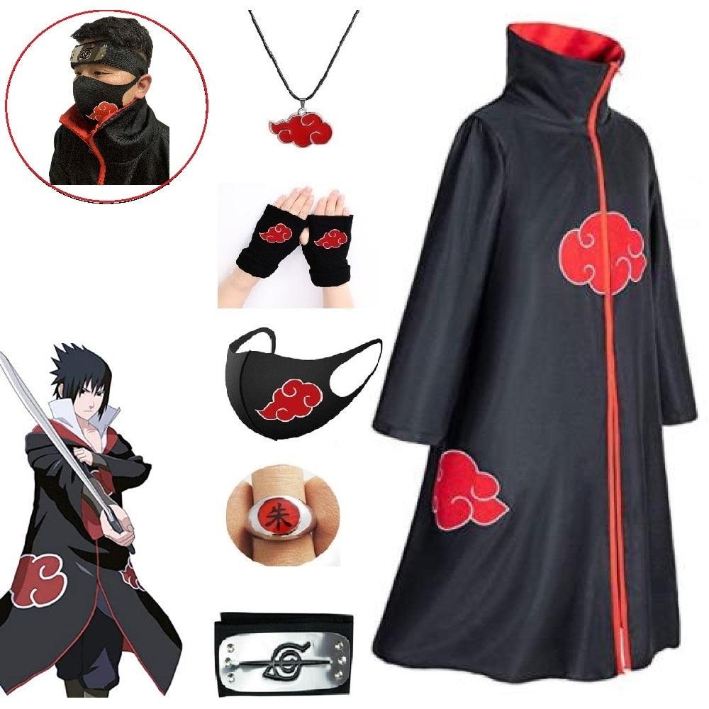 Akatsuki Costume3Pcs with Headband and Ring  Akatsuki Halloween Cloak Cape Itachi Robe Cosplay Anime Costume with Konoha Bandeau