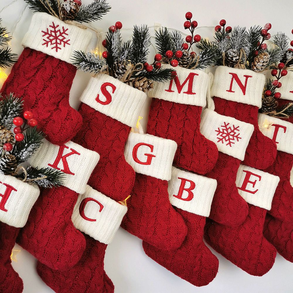Knitted Red Snowflake Embroidered Alphabet Letters Stocking
