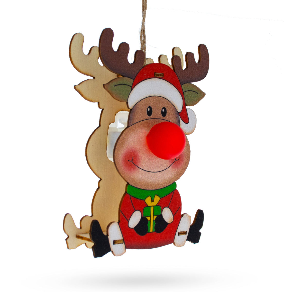 Wooden Reindeer with Present Christmas Ornament with Light Up Nose Cutout