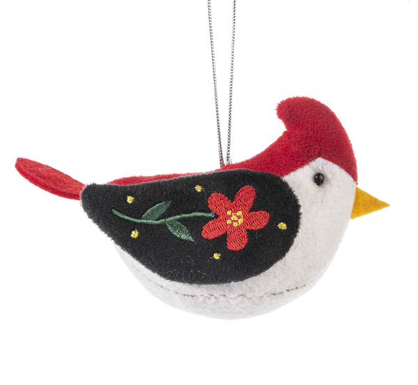 Plush Folk Art Bird Ornament - Black Wing