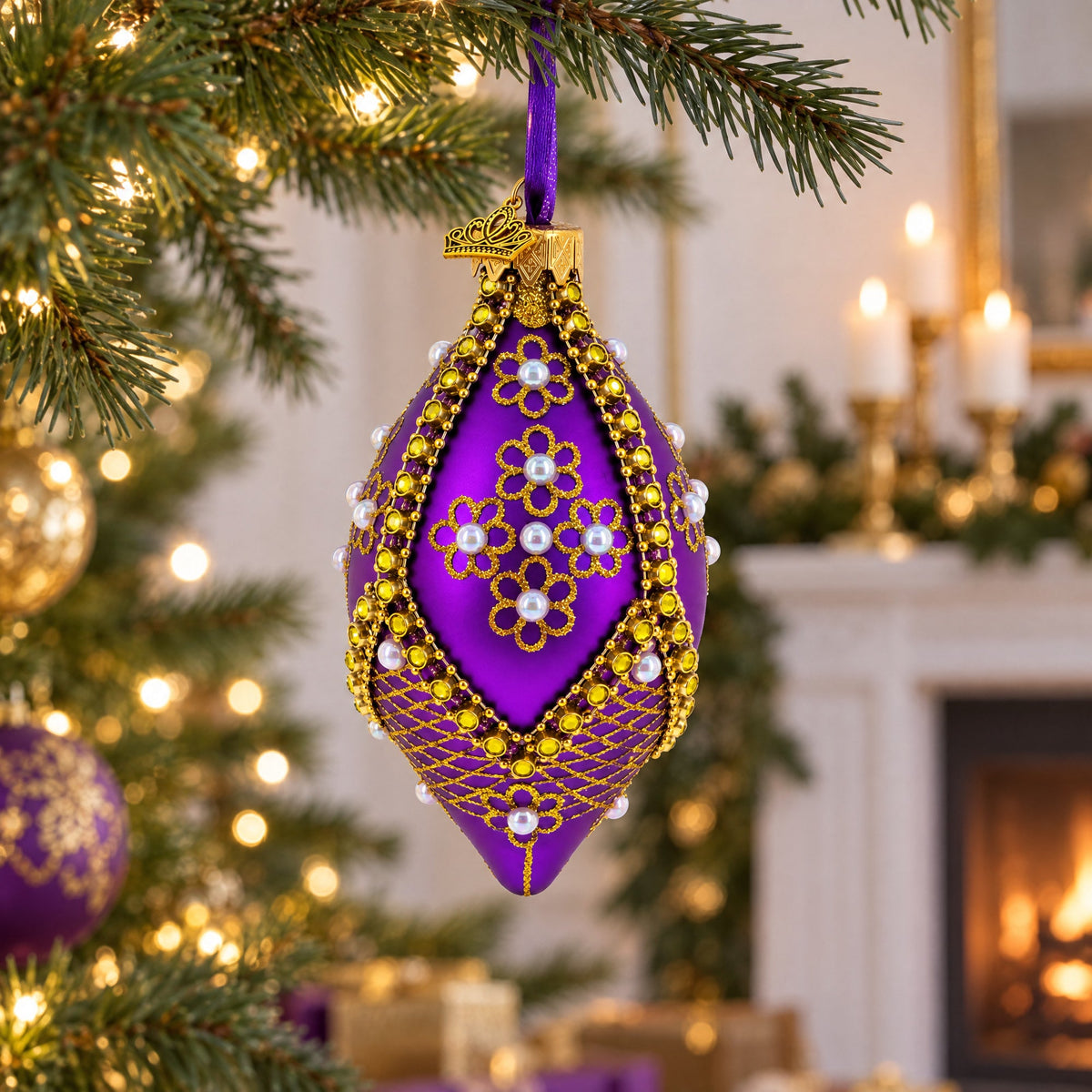 Golden Pearl Flowers on Purple Pointed Teardrop Finial Glass Ornament
