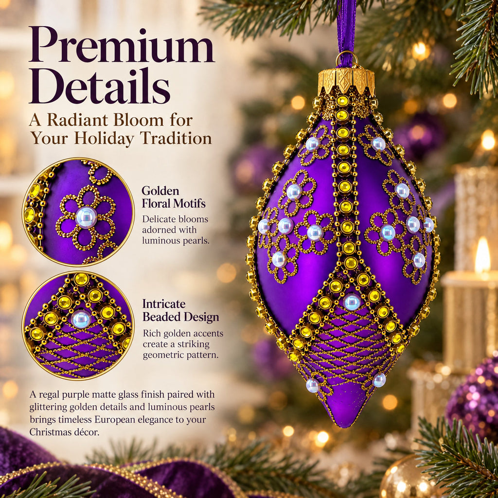 Golden Pearl Flowers on Purple Pointed Teardrop Finial Glass Ornament