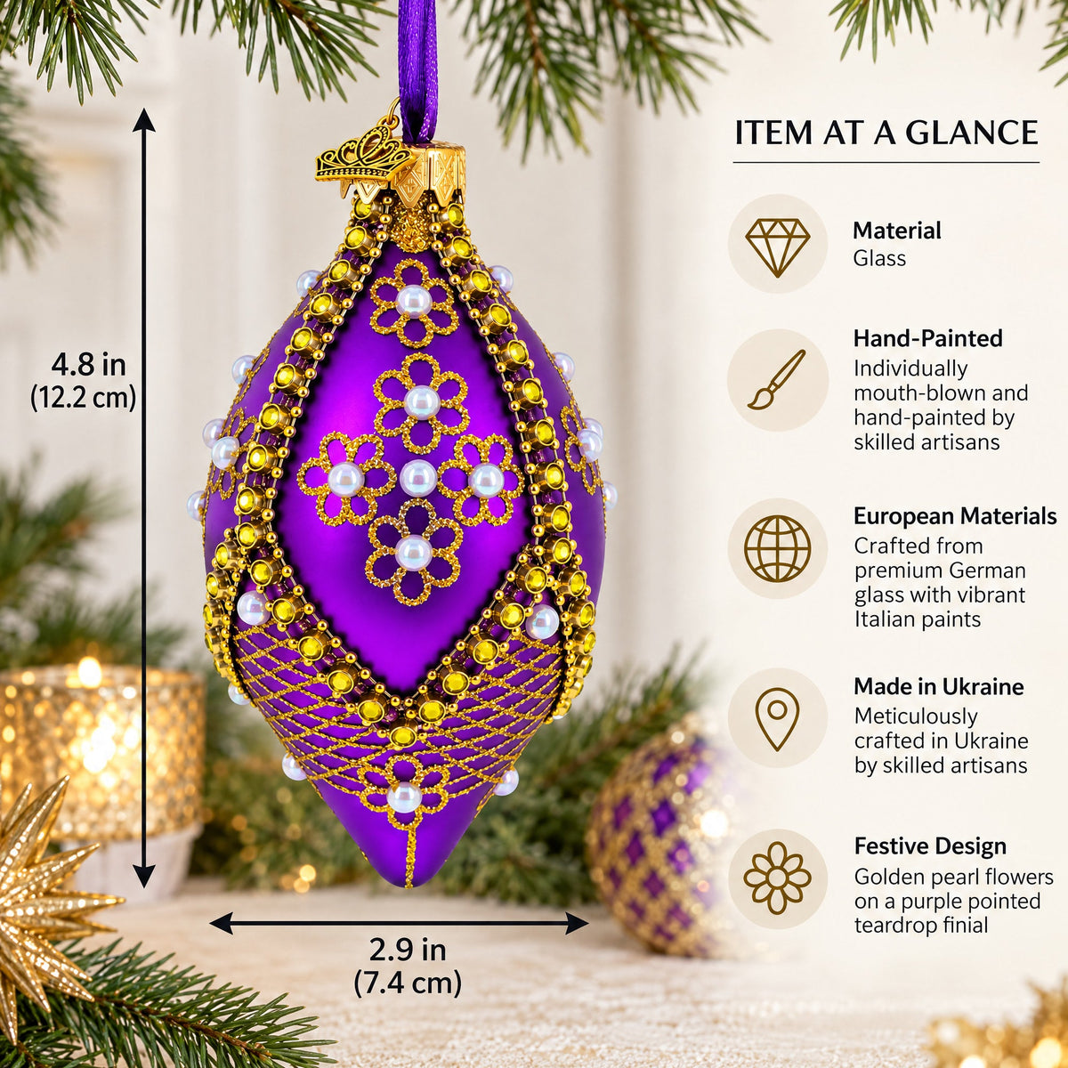 Golden Pearl Flowers on Purple Pointed Teardrop Finial Glass Ornament