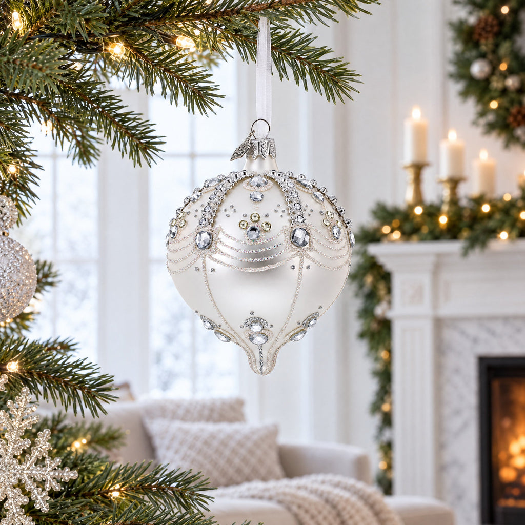 White Jewels on Silver Onion-Shape Finial Glass Ornament