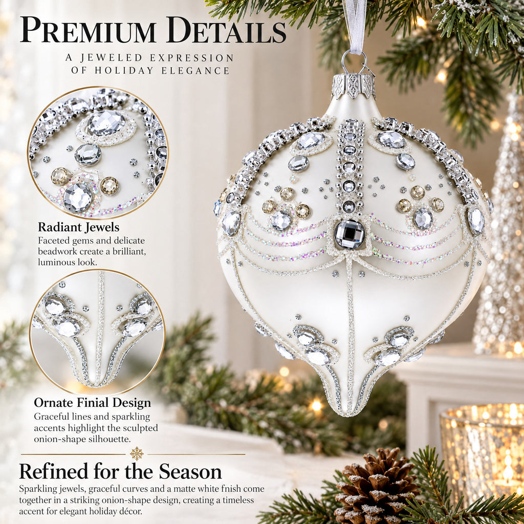 White Jewels on Silver Onion-Shape Finial Glass Ornament