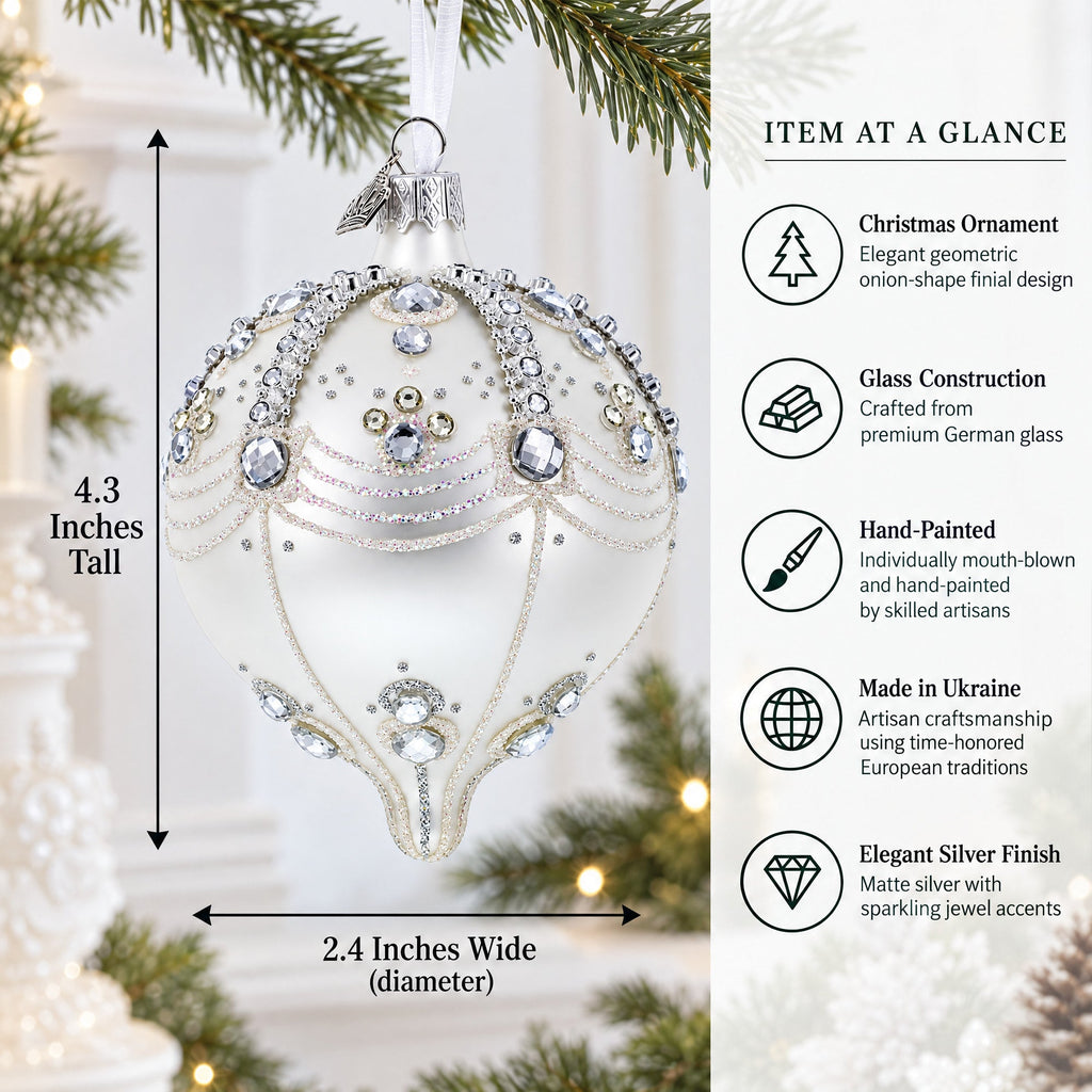 White Jewels on Silver Onion-Shape Finial Glass Ornament