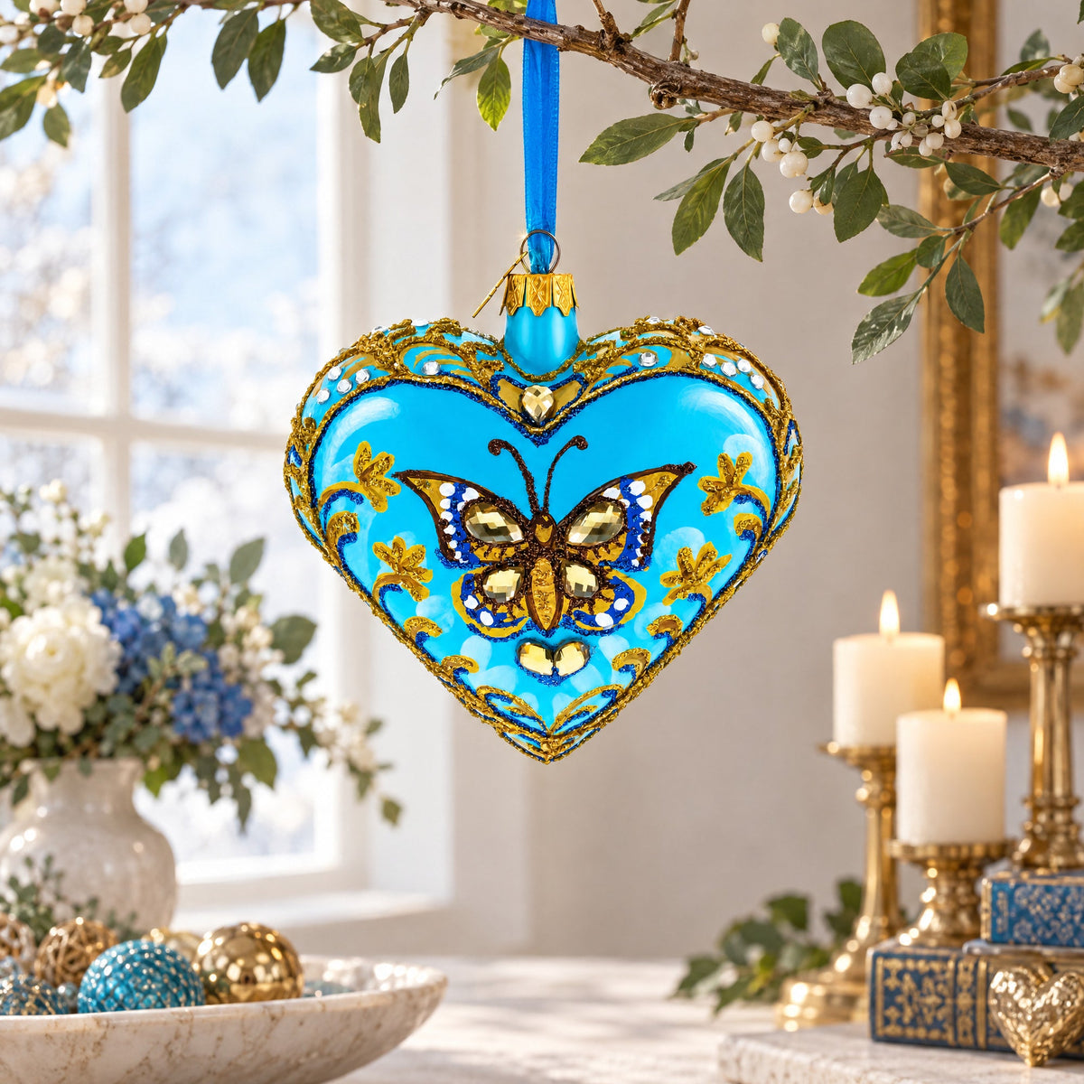 Turquoise Butterfly Elegance Heart Glass Ornament
