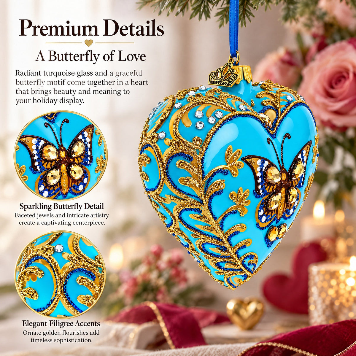 Turquoise Butterfly Elegance Heart Glass Ornament