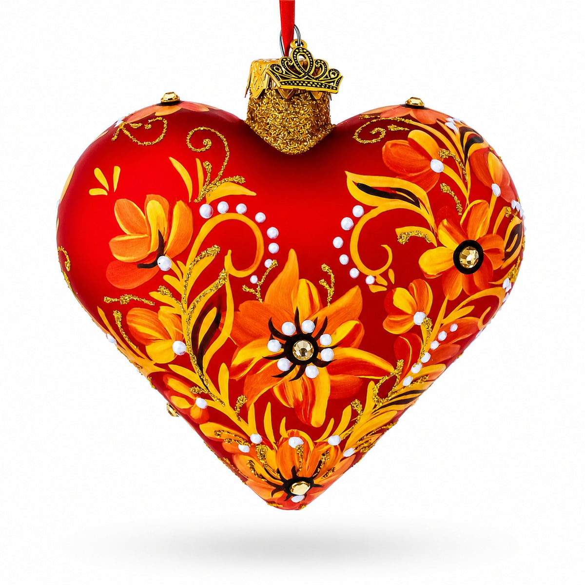 Red Floral Baroque Jeweled Glass Heart Ornament