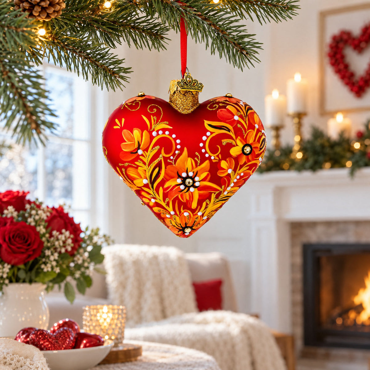 Red Floral Baroque Jeweled Glass Heart Ornament