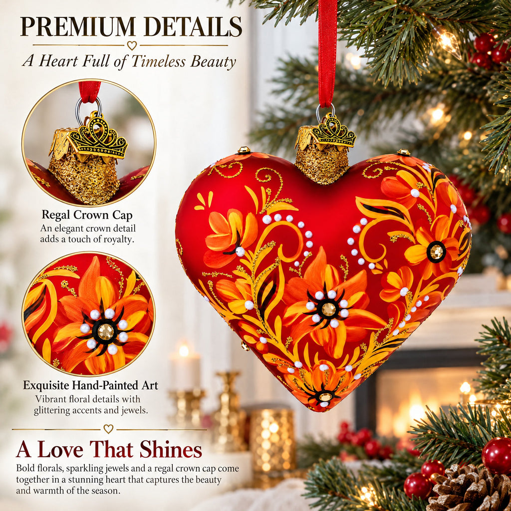 Red Floral Baroque Jeweled Glass Heart Ornament