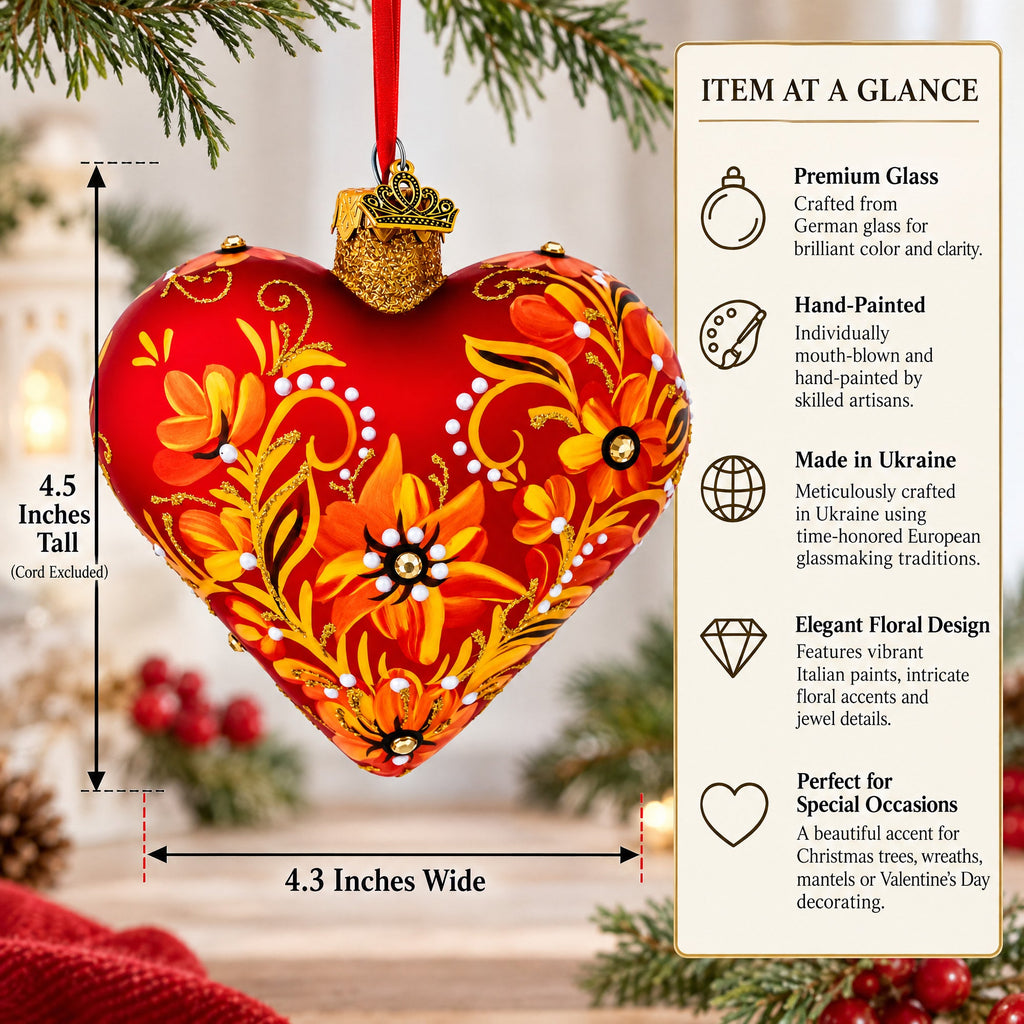 Red Floral Baroque Jeweled Glass Heart Ornament