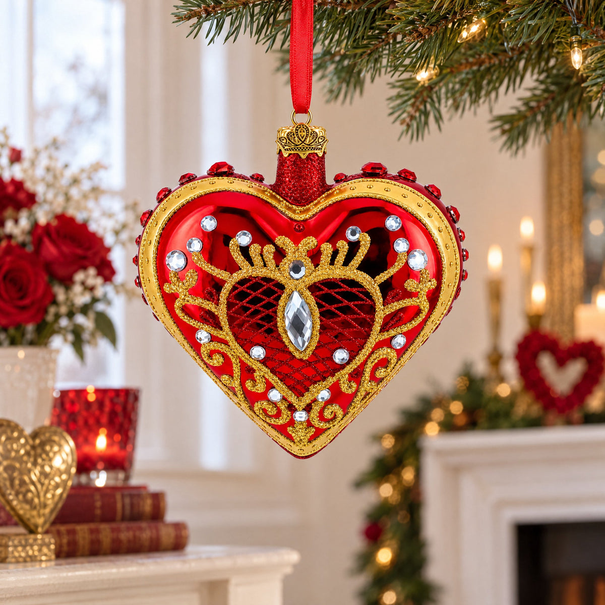 Regal Red Jeweled Glass Heart Ornament