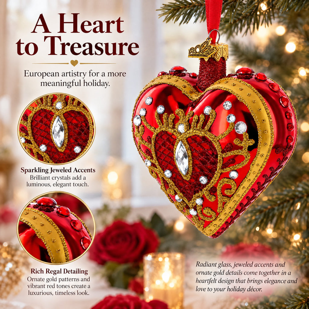 Regal Red Jeweled Glass Heart Ornament