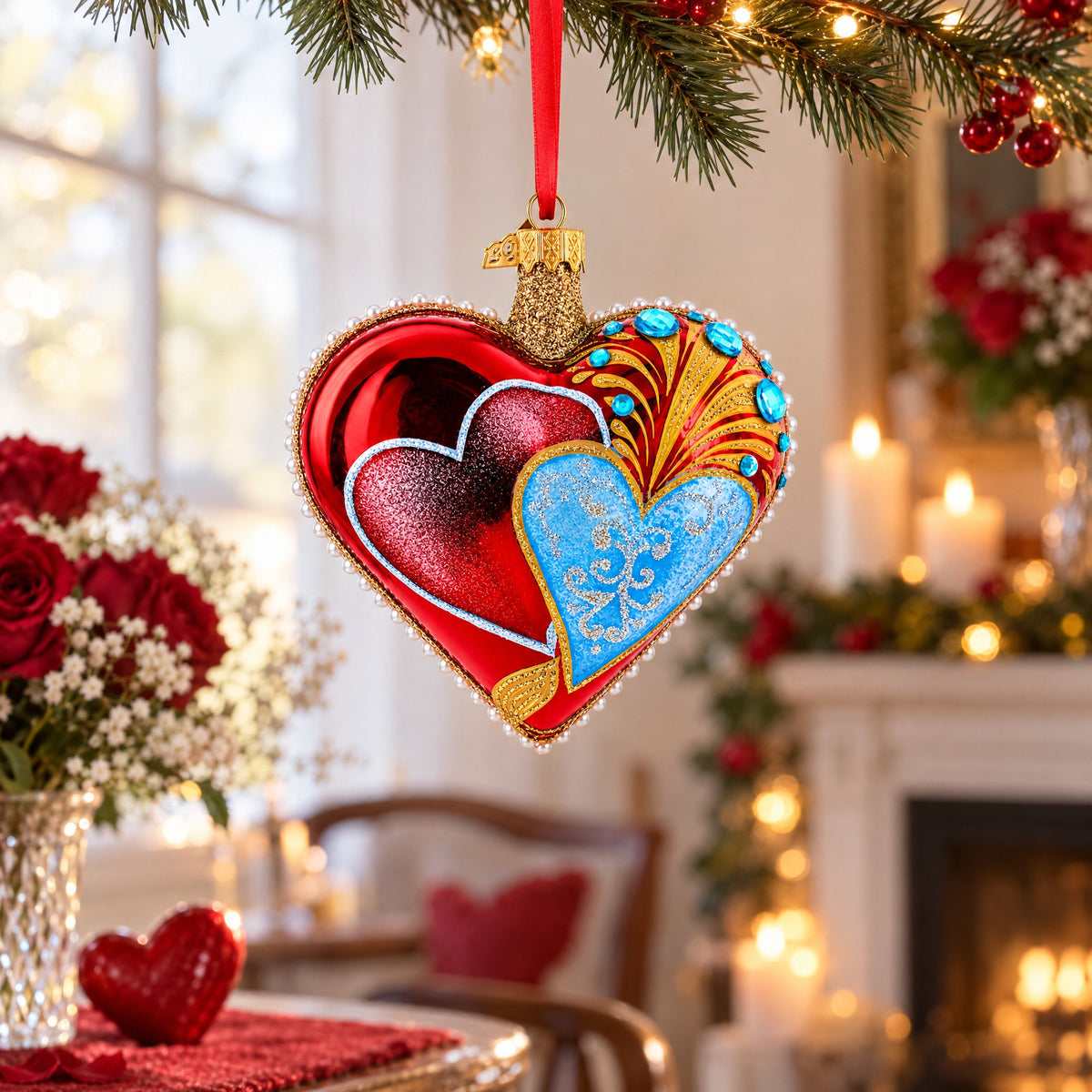 Royal Romance Pearl Jewels Glass Heart Ornament