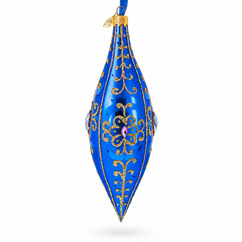 Royal Blue Jewel Scroll Elongated Pointed Teardrop Finial Glass Christmas Ornament