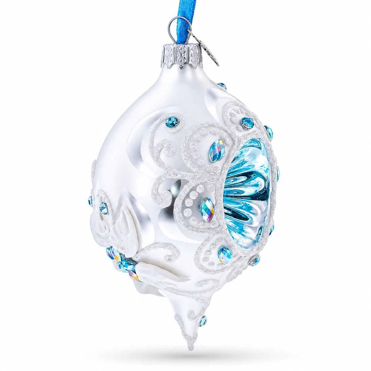 Vintage Style White and Blue Reflector Pointed Teardrop Finial Glass Christmas Ornament