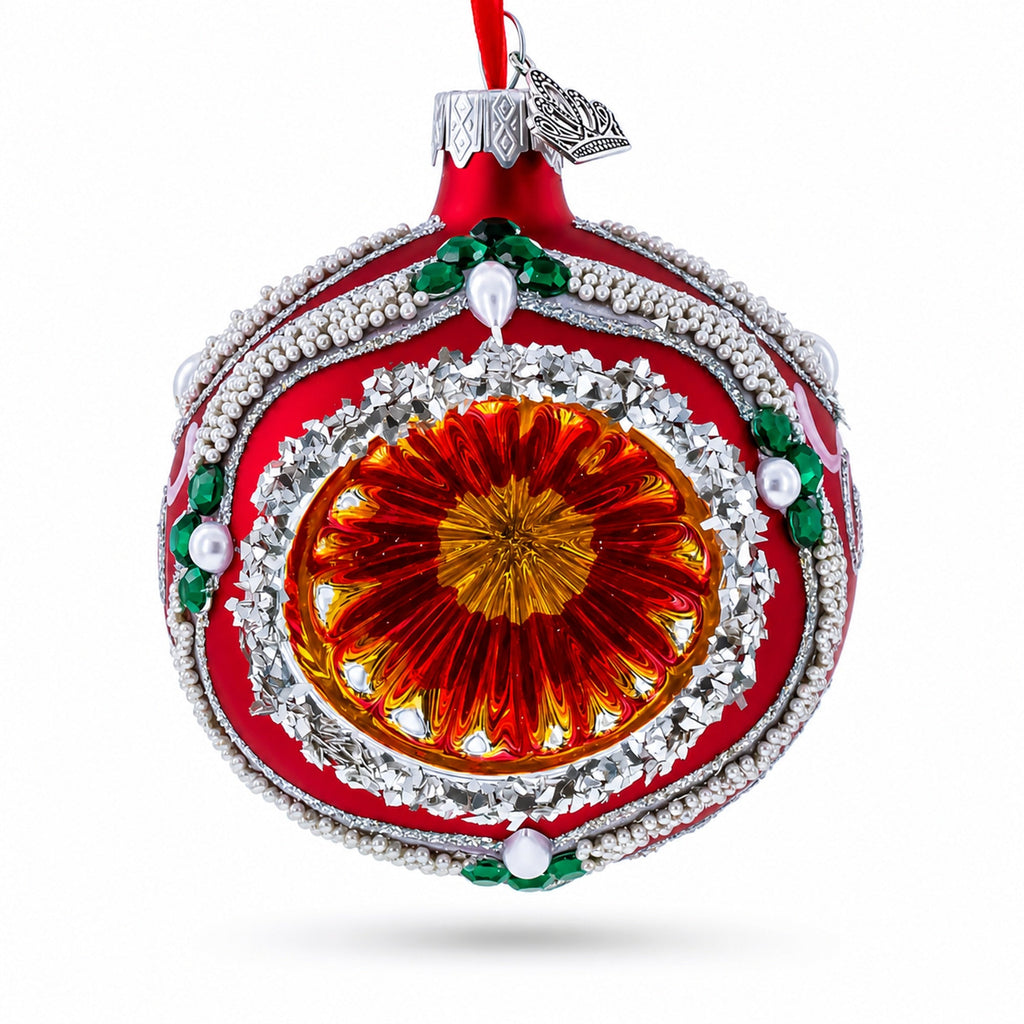 Retro Style Red and Gold Reflector with Glitter, Gems & Indent Center Glass Christmas Ornament