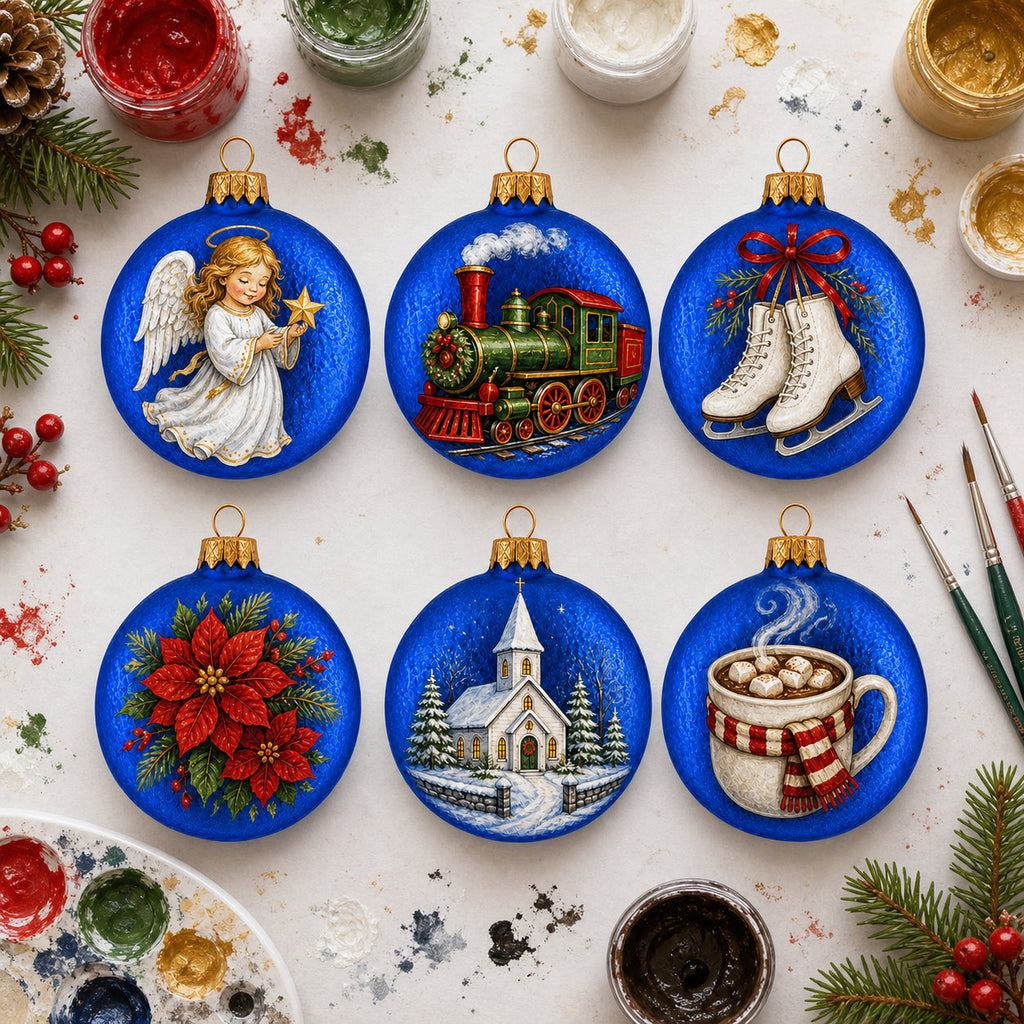 Set of 6 Light Blue Flat Disc Glass Christmas Ornaments 3 Inches