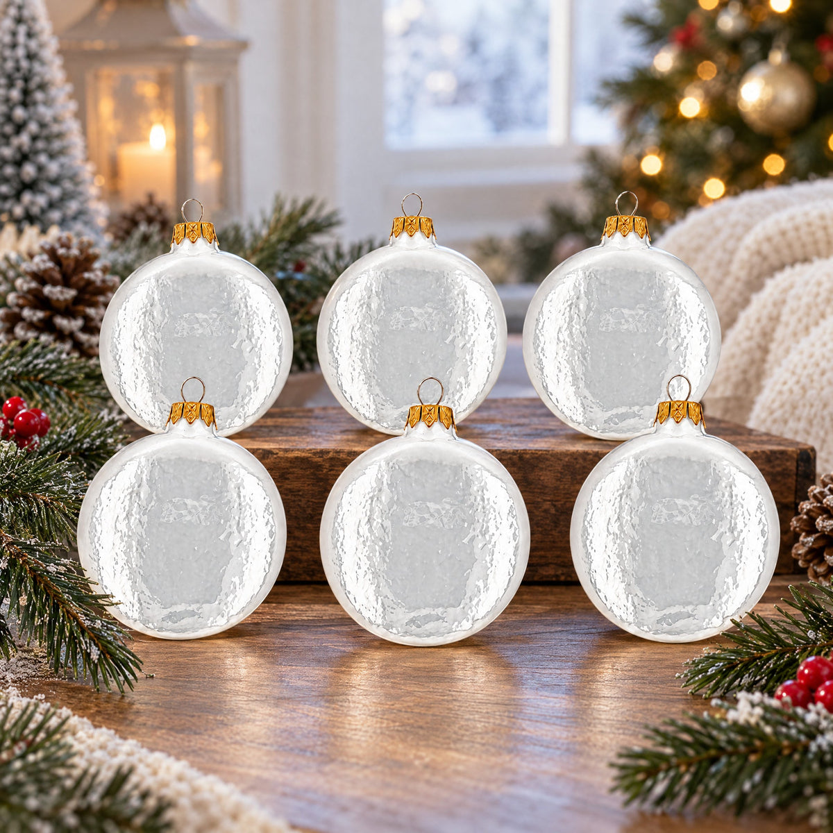 Set of 6 Glossy White Flat Disc Glass Christmas Ornaments 3 Inches