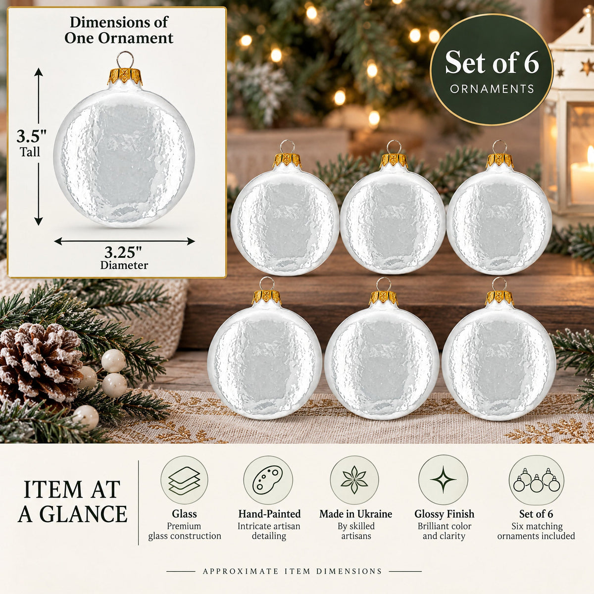 Set of 6 Glossy White Flat Disc Glass Christmas Ornaments 3 Inches