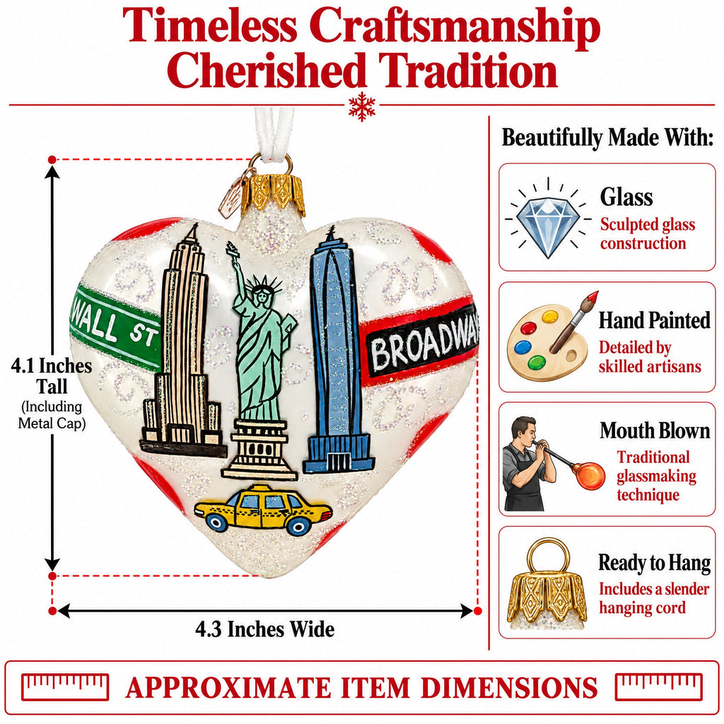 New York Landmarks & Symbols Glass Heart Christmas Ornament