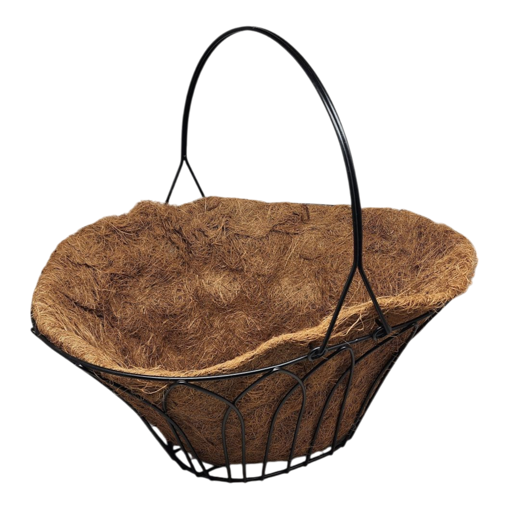 Oval Black Metal Wire Handle Basket with Coco Mat Liner - 15-Inch Long