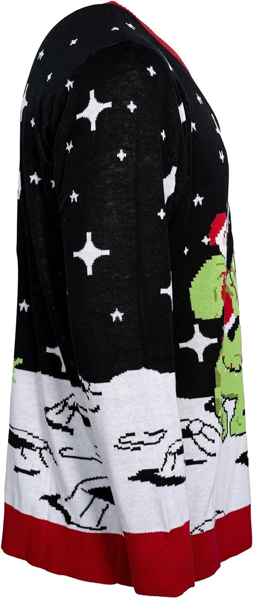 Santa Claus Riding T-Rex on Moon Pixelated Adult Unisex Ugly Christmas Sweater