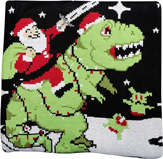 Santa Claus Riding T-Rex on Moon Pixelated Adult Unisex Ugly Christmas Sweater