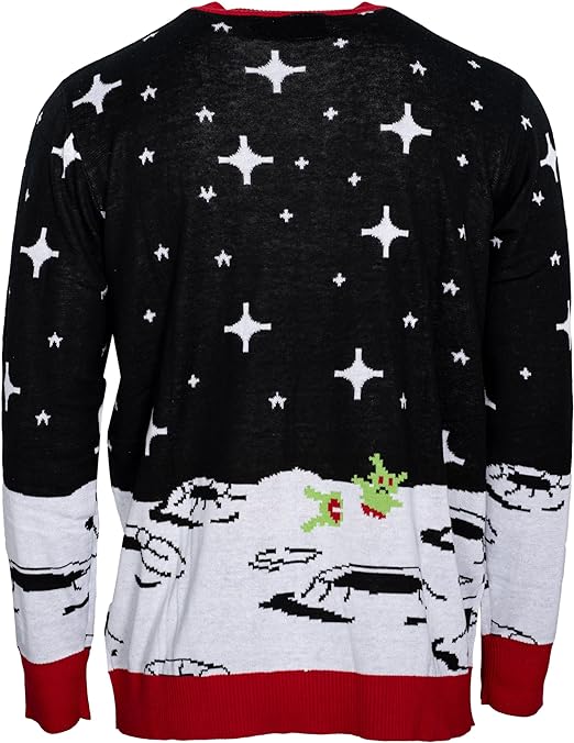 Santa Claus Riding T-Rex on Moon Pixelated Adult Unisex Ugly Christmas Sweater