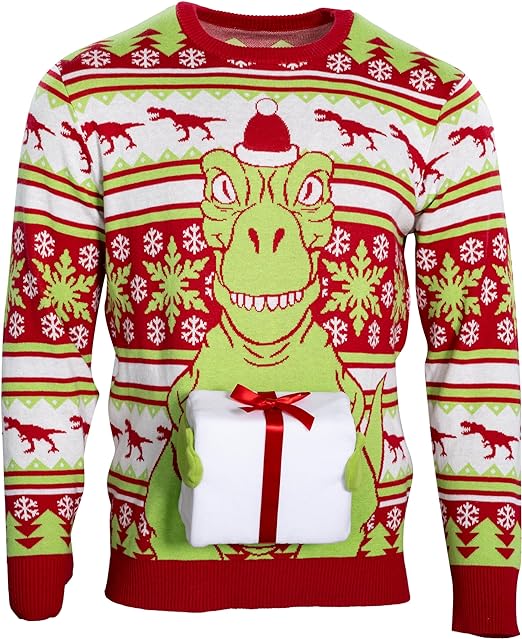 T-Rex Santa Hat 3D Interactive Gift Box Sweater