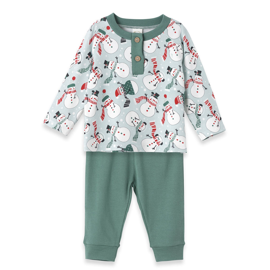 Christmas Snowmen Baby Boy's Bamboo Henley Top & Pants