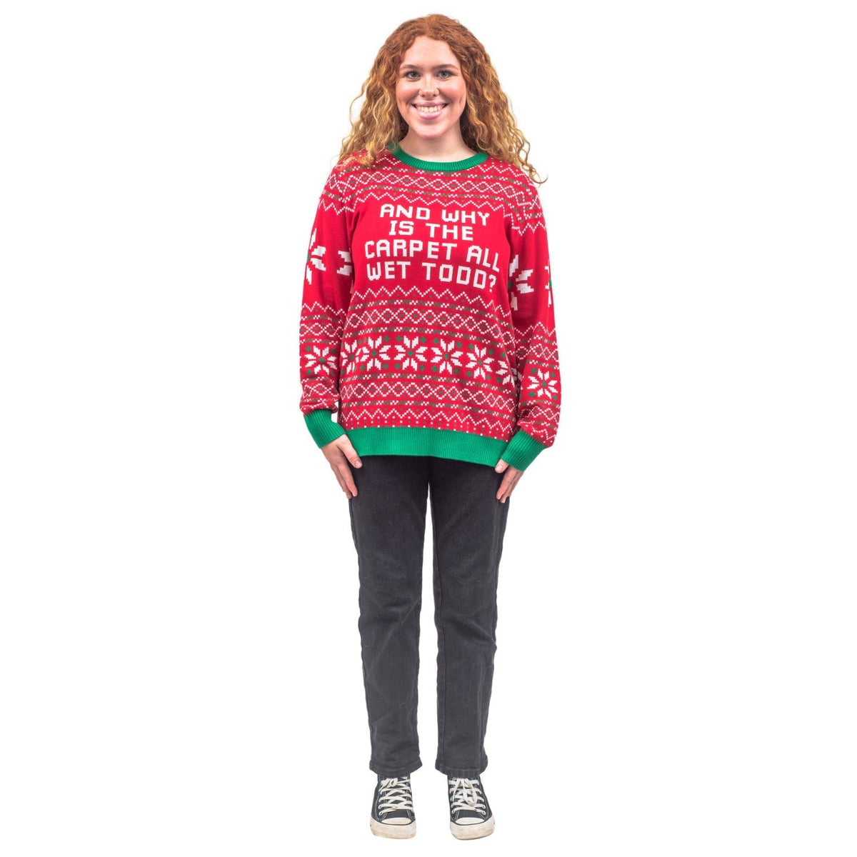 Todd and Margo Why is The Carpet Wet I Don’t Know Knitted Ugly Christmas Sweater