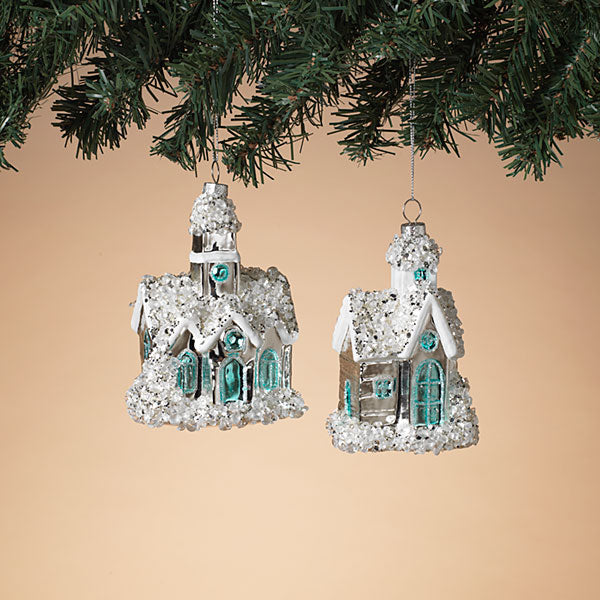 Glass Snowy Church Ornament -