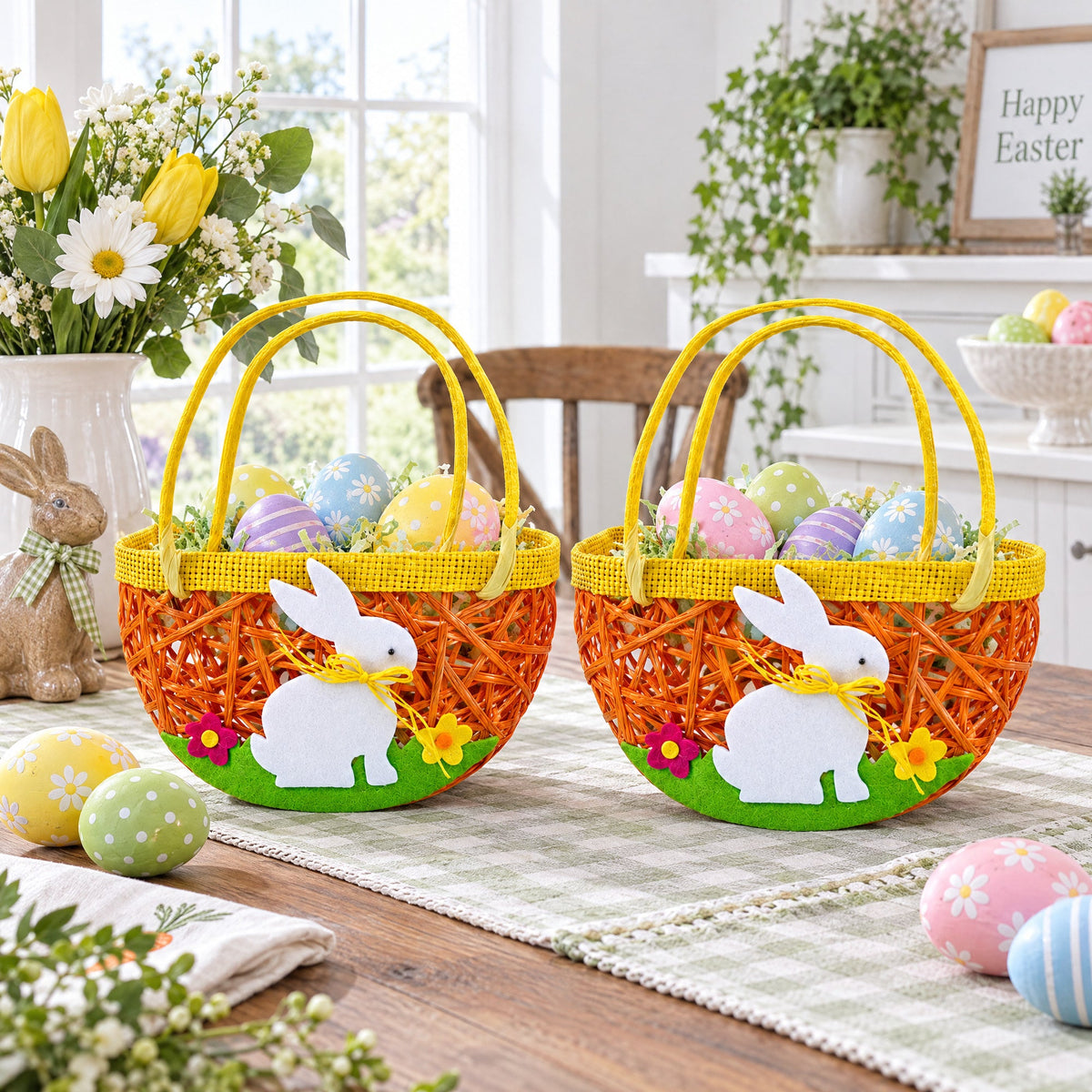 Set of 2 Easter Bunny Egg Hunt Baskets With Floral Accent 6 Inches Tall
