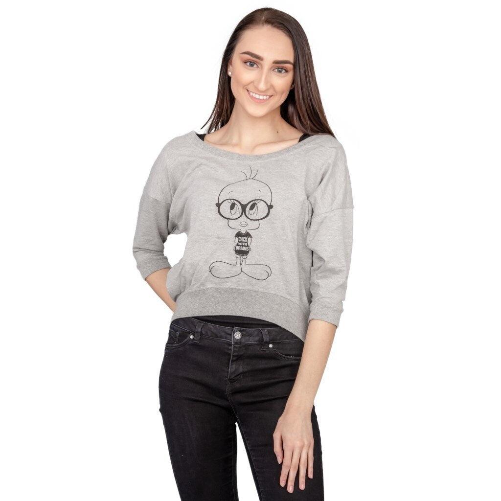 Tweety Bird Chick With Brains Cropped Sweatshirt