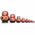 Set of 10 Daisy Flowers on Red Dress Nesting Dolls  7 Inches