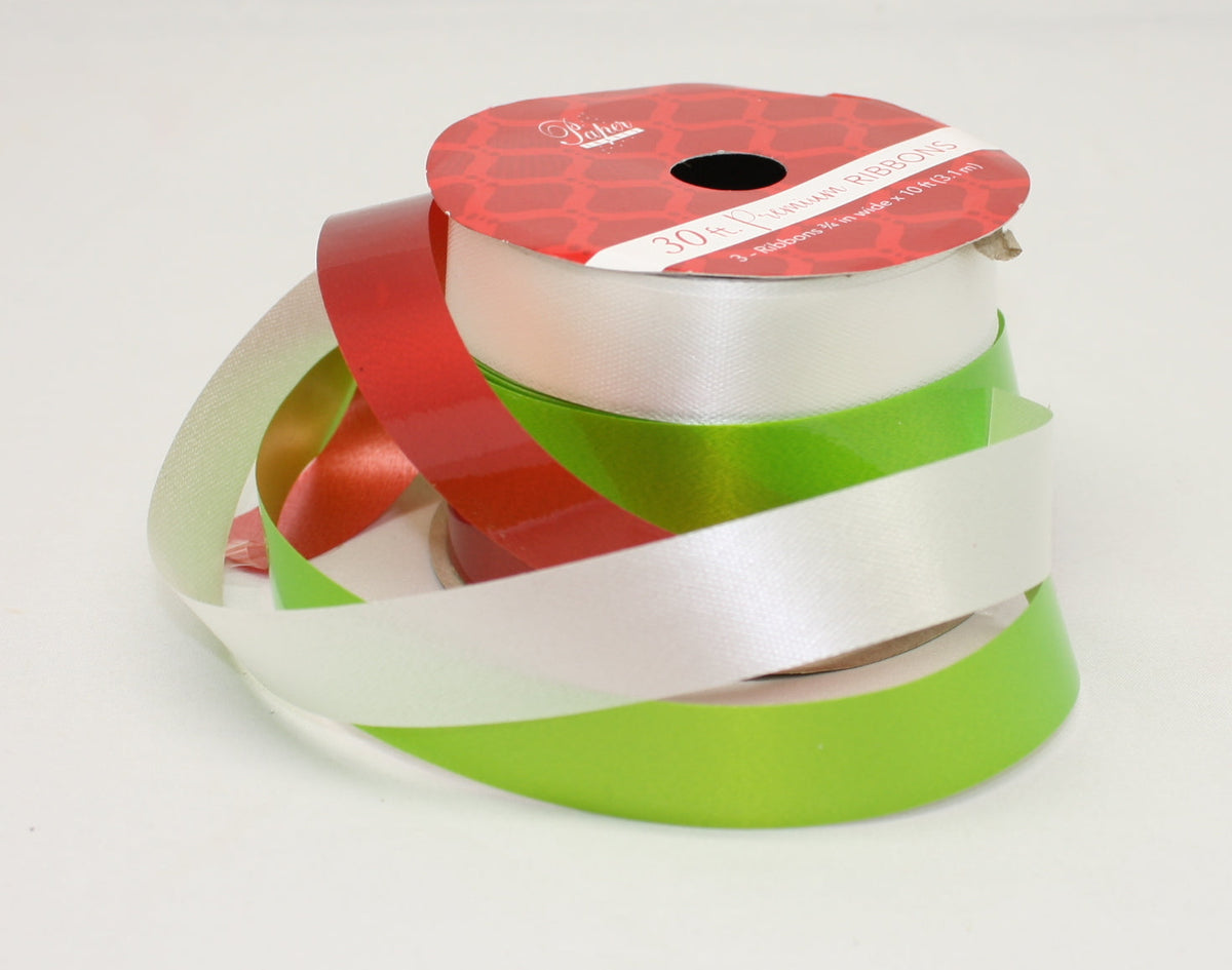 10 Foot Premium Ribbon 3 Piece Set - Red/Green/White