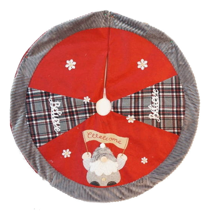 Gnome Embroidered Fleece Tree Skirt - 48 Inch - Red