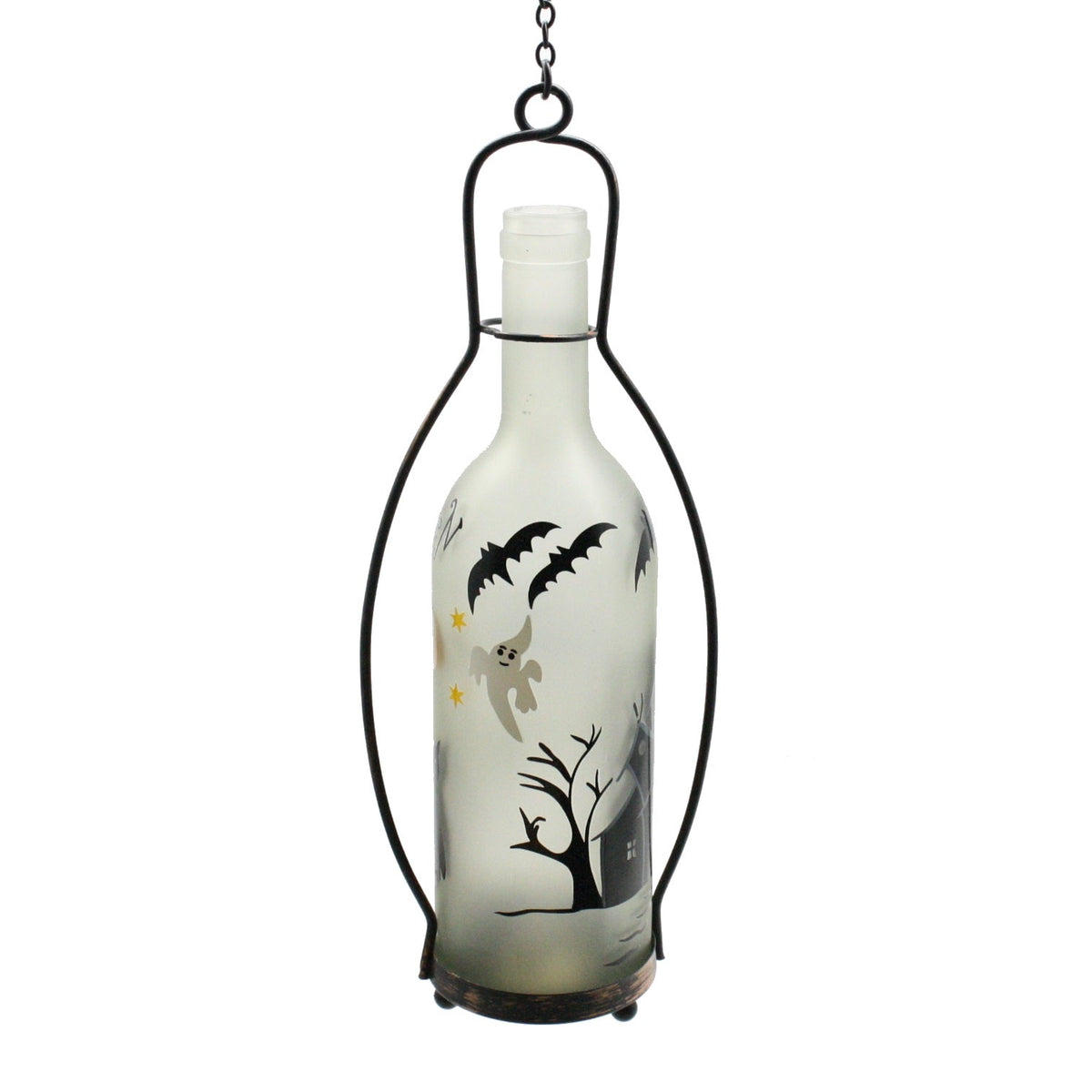 Color Changing Lighted Frosted Glass Halloween Bottle -  Haunted House