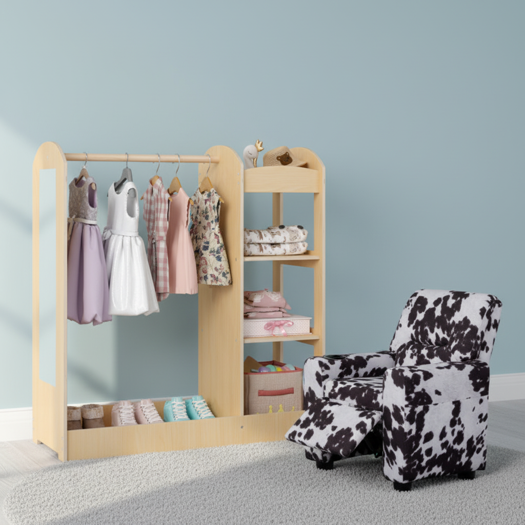 Kids Room Set: Recliner + Natural Study Desk & Chair + 4-ft Christmas Tree + Natural Dress-Up Storage