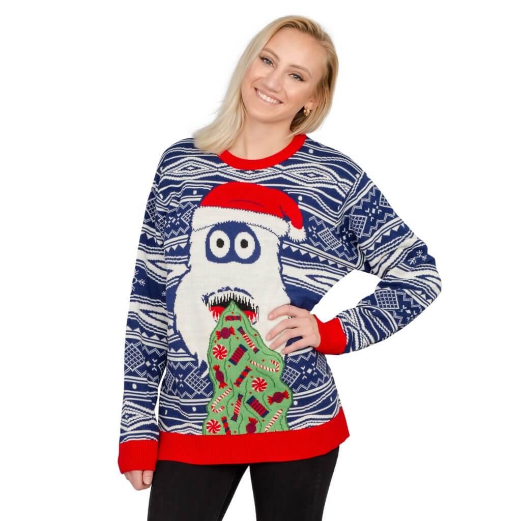 Women's Yeti Santa Hat Throw up Candy Ugly Christmas Sweater
